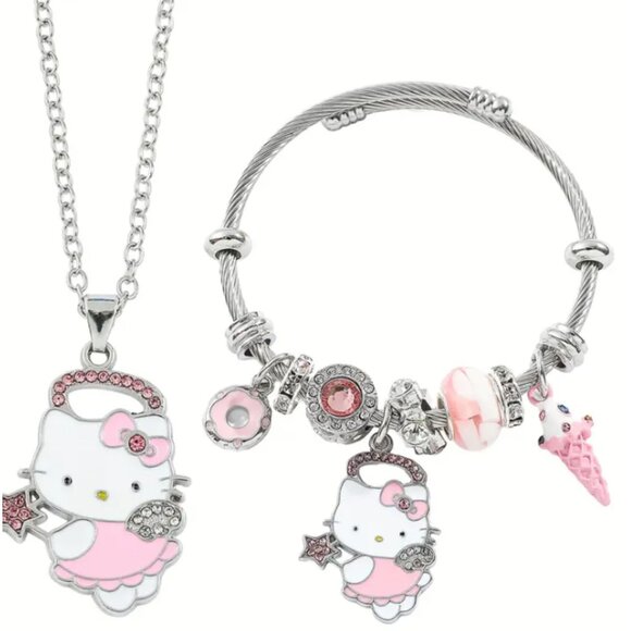 Hello Kitty Charm Bracelet & Necklace Set Silver & Pink Rhinestone Jewelry Gift - Picture 1 of 6